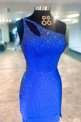 Glitter Royal Blue Homecoming Dresses One Shoulder Sequin Tight Short Cocktail Dresses