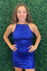 Glitter Royal Blue Homecoming Dresses Spaghetti Straps Sequin Tight Short Cocktail Dresses