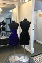 Glitter Royal Blue Velvet Party Dresses Tight Short Cocktail Dresses with Slit
