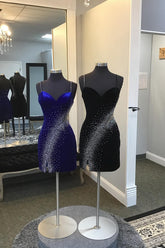 Glitter Royal Blue Velvet Party Dresses Tight Short Cocktail Dresses with Slit