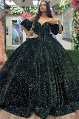 Glitter & Sparkly Ball Gown Off Shoulder Puff Sleeves Emerald Green Tulle Quinceanera Dress Princess Evening Party Gown For Sweet 16