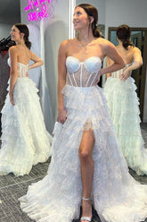 Glitter Tulle Prom Dress Corset Ruffle Tiered Long Evening Dress With Split