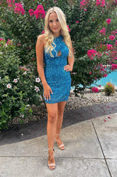 Glitter Turquoise Homecoming Dresses Halter Backless Sequin Tight Cocktail Dresses