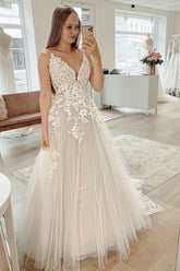 Glittering Ivory A-Line Spaghetti Straps Long Wedding Dress with Appliques