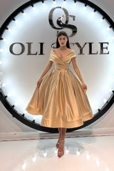 Gold A Line Prom Dress Cap Sleeve Off the Shoulder Satin Tea Length Formal Dress