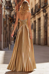 Gold A Line Prom Dress Sweetheart Beaded Pleated Long Formal Gown