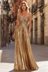 Gold A Line Prom Dress Sweetheart Beaded Pleated Long Formal Gown