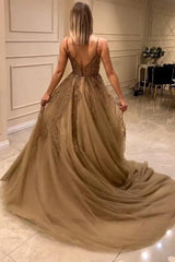 Gold Beaded Tulle A Line Wedding Dress with Spaghetti Straps and Open Back
