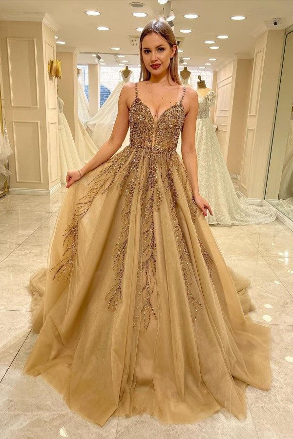 Gold Beaded Tulle A Line Wedding Dress with Spaghetti Straps and Open Back