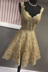 Gold Homecoming Dress V Neck Lace Short Party Cocktail Dress
