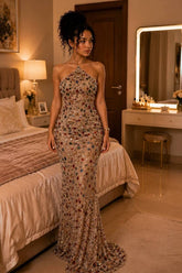 Gold Jewel Embellished Halter Mermaid Prom Dress