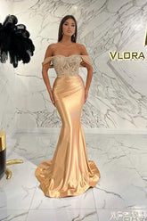Gold Mermaid Prom Dress Cap Sleeve Off the Shoulder Formal Dress With Lace Appliques