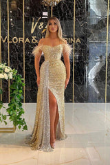 Gold Mermaid Prom Dress Cap Sleeve Off the Shoulder Sequined Formal Dress