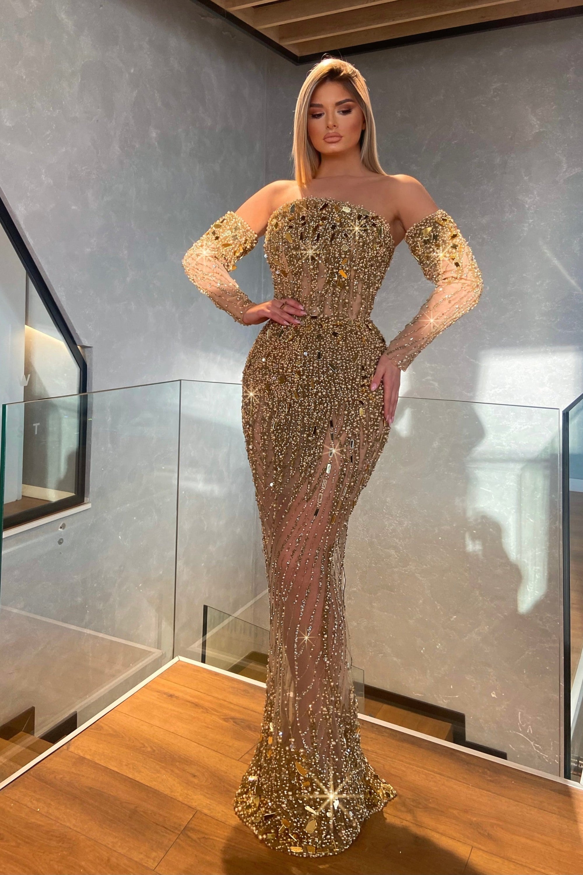 Gold Mermaid Prom Dress Long Sleeve Strapless Formal Dress With Beadings and Rhinestones