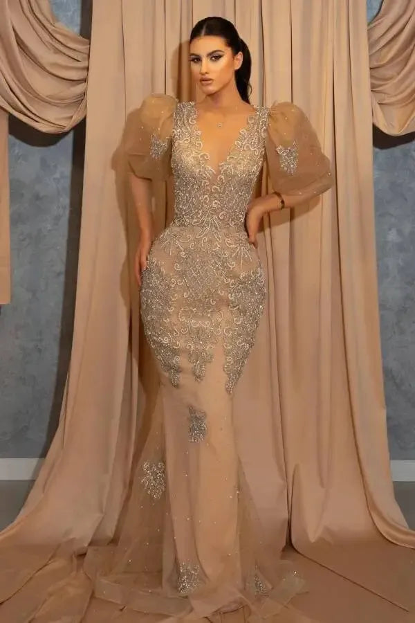 Gold Mermaid Prom Dress Puff Long Sleeve Crew Neck Formal Dress With Lace Appliques