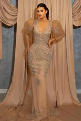Gold Mermaid Prom Dress Puff Long Sleeve Crew Neck Formal Dress With Lace Appliques