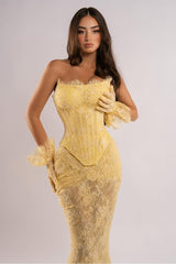 Gold Mermaid Prom Dress Sleeveless Strapless Formal Dress With Lace Appliques