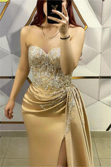 Gold Mermaid Prom Dress Sweetheart Formal Dress With Beadings and Rhinestones