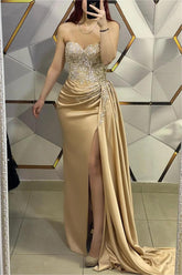 Gold Mermaid Prom Dress Sweetheart Formal Dress With Beadings and Rhinestones