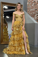 Gold Prom Dress Princess A Line Off the Shoulder Corset with Lace Ruffles Evening Dress