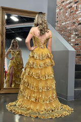 Gold Prom Dress Princess A Line Off the Shoulder Corset with Lace Ruffles Evening Dress