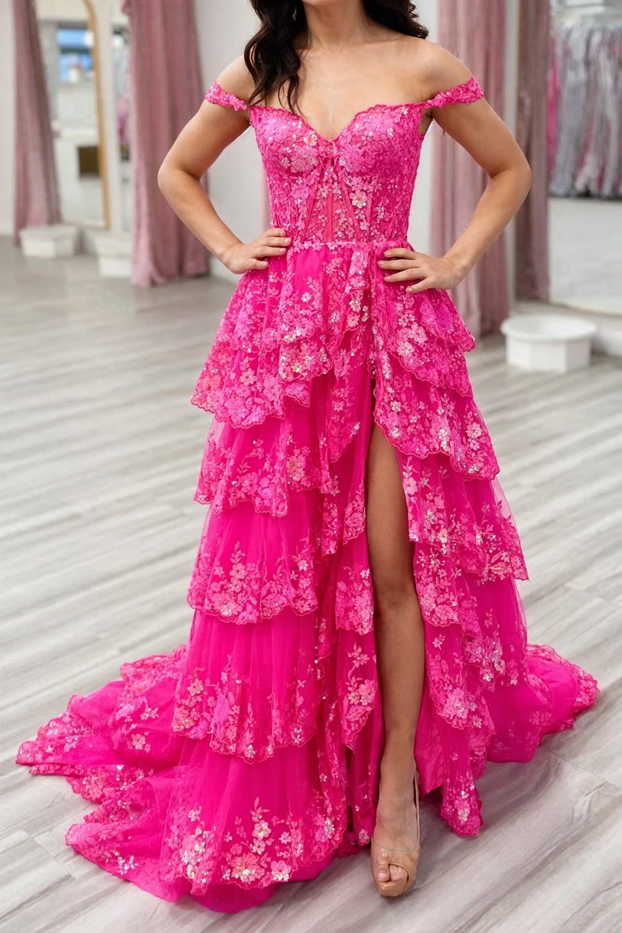 Gold Prom Dress Princess A Line Off the Shoulder Corset with Lace Ruffles Evening Dress