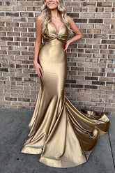 Gold Prom Dress Satin Mermaid Long Evening Dress