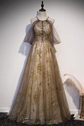 Gold Prom Dress Tulle Lace Long Formal Gown Evening Dress
