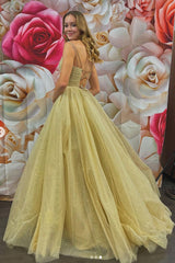 Gold Prom Dress V Neck Tulle Long Formal Gown Evening Dress