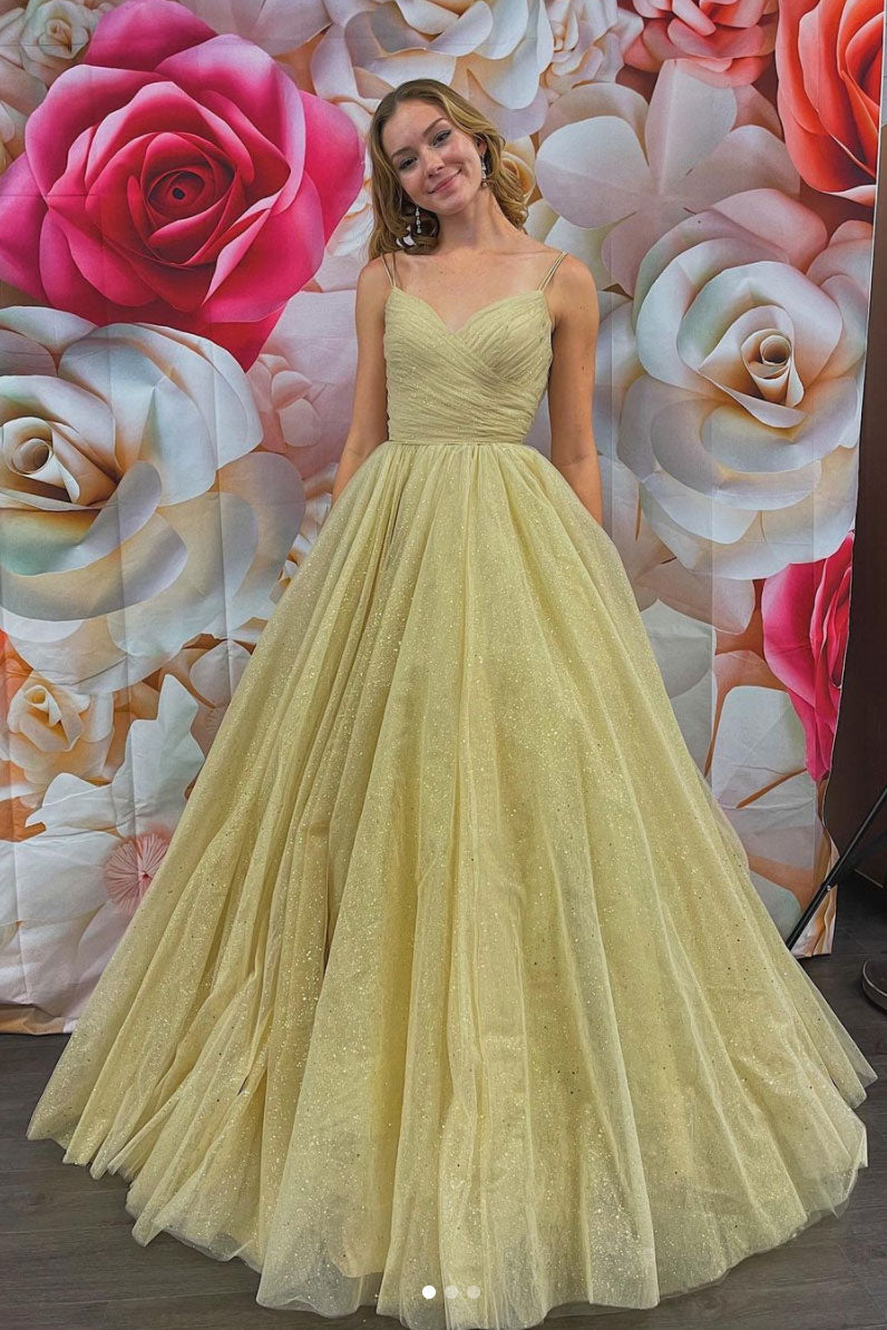 Gold Prom Dress V Neck Tulle Long Formal Gown Evening Dress
