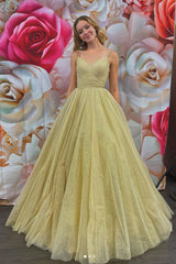 Gold Prom Dress V Neck Tulle Long Formal Gown Evening Dress