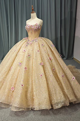 Gold Quinceanera Dress Ball Gown Shining Applique Strapless Sweet 16 Party Dress