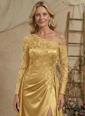 Gold Satin and Lace A Line Mother of the Bride Dress with Long Sleeves and Side Slit
