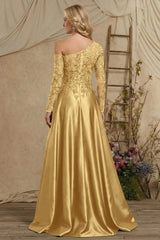Gold Satin and Lace A Line Mother of the Bride Dress with Long Sleeves and Side Slit