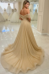 Gold Sequin A Line Wedding Dress with Off Shoulder Sleeves and Pearl Beading