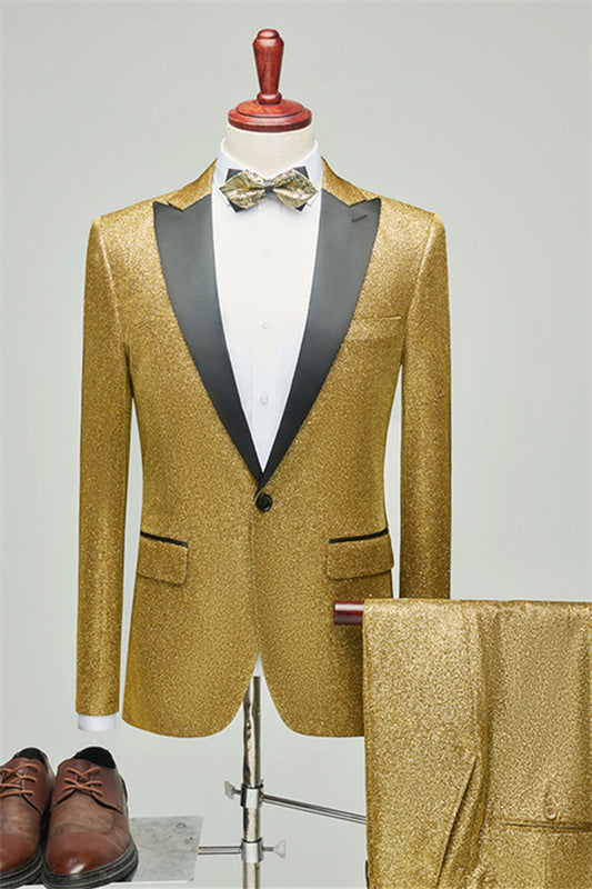 Gold Sequins Peaked Lapel 2 Piece Prom Suit