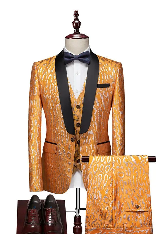 Gold Shawl Lapel 3 Piece New Arrival Jacquard Wedding Suit