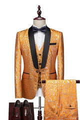 Gold Shawl Lapel 3 Piece New Arrival Jacquard Wedding Suit