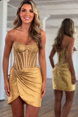 Gold Tight Homecoming Dresses Ruched Short Corset Cocktail Dresses With Beading