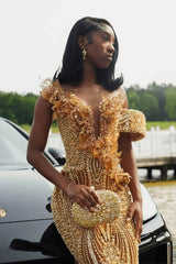 Gold Mermaid Beaded Prom Dress Tulle Formal Evening Dress with 3D Flowers