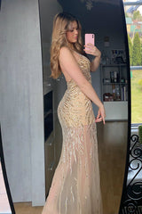 Golden Backless Sequin Prom Dress Tulle V Neck Evening Dress