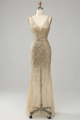 Golden Backless Sequin Prom Dress Tulle V Neck Evening Dress