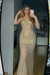 Golden Backless Sequin Prom Dress Tulle V Neck Evening Dress