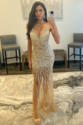Golden Beaded V Neck Prom Dress Backless Long Evening Dress
