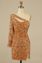 Golden Homecoming Dresses Cut Out Open Back One Shoulder Sequin Cocktail Dresses