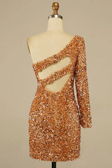 Golden Homecoming Dresses Cut Out Open Back One Shoulder Sequin Cocktail Dresses