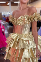 Golden Homecoming Dresses Off The Shoulder Corset Short Cocktail Dresses With Ruffles