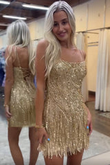 Golden Homecoming Dresses Spaghetti Straps Beaded Fringed Tight Short Hoco Dresses