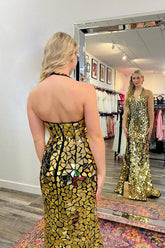 Golden Prom Dress Mirror Halter Long Evening Dress With Slit