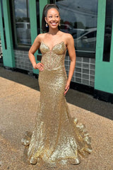 Golden Prom Dress Strapless Mermaid Corset Long Evening Dress